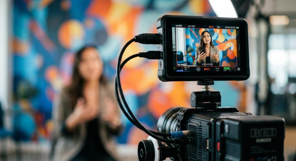 סרטוני תדמית לעסקים עם פוקוס על המצולם ורקע מטושטש של קיר גרפיטי ממותג.