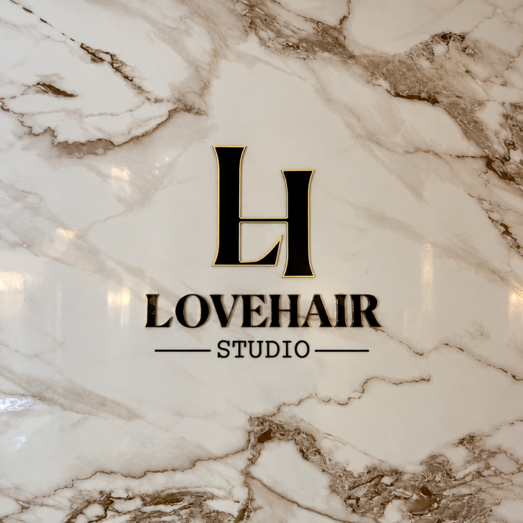 לוגו LOVEHAIR Studio על קיר שיש בחלל המספרה