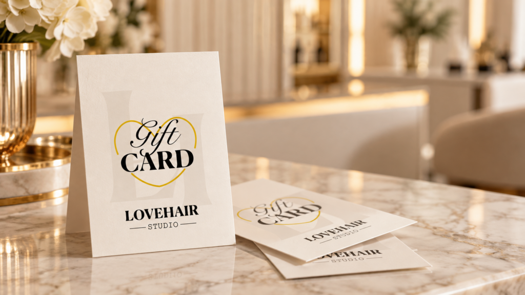 כרטיס מתנה של LOVEHAIR Studio על משטח שיש בחלל מספרת הבוטיק